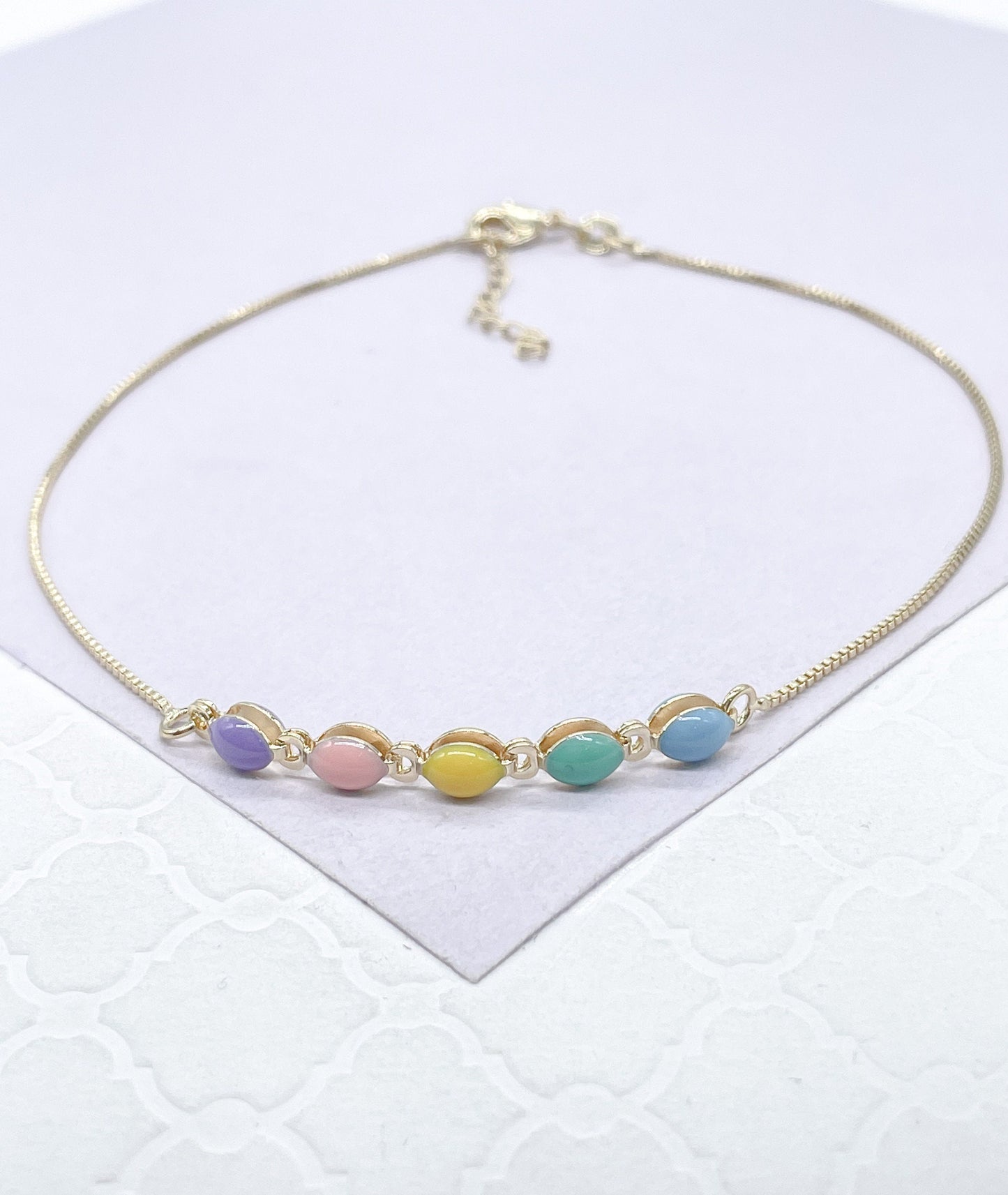 18k Gold Filled Box Chain Anklet with Pastel Colored Enamel Hollow Beads