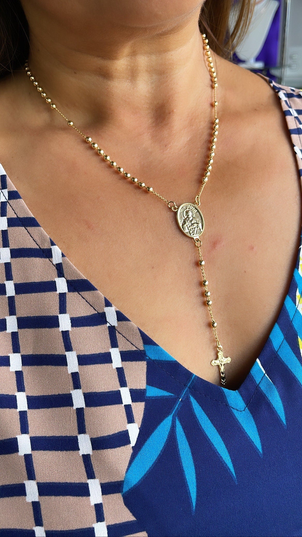 18k Gold Filled Rosary Chain Necklace: St Jude Medallion & Crucifix