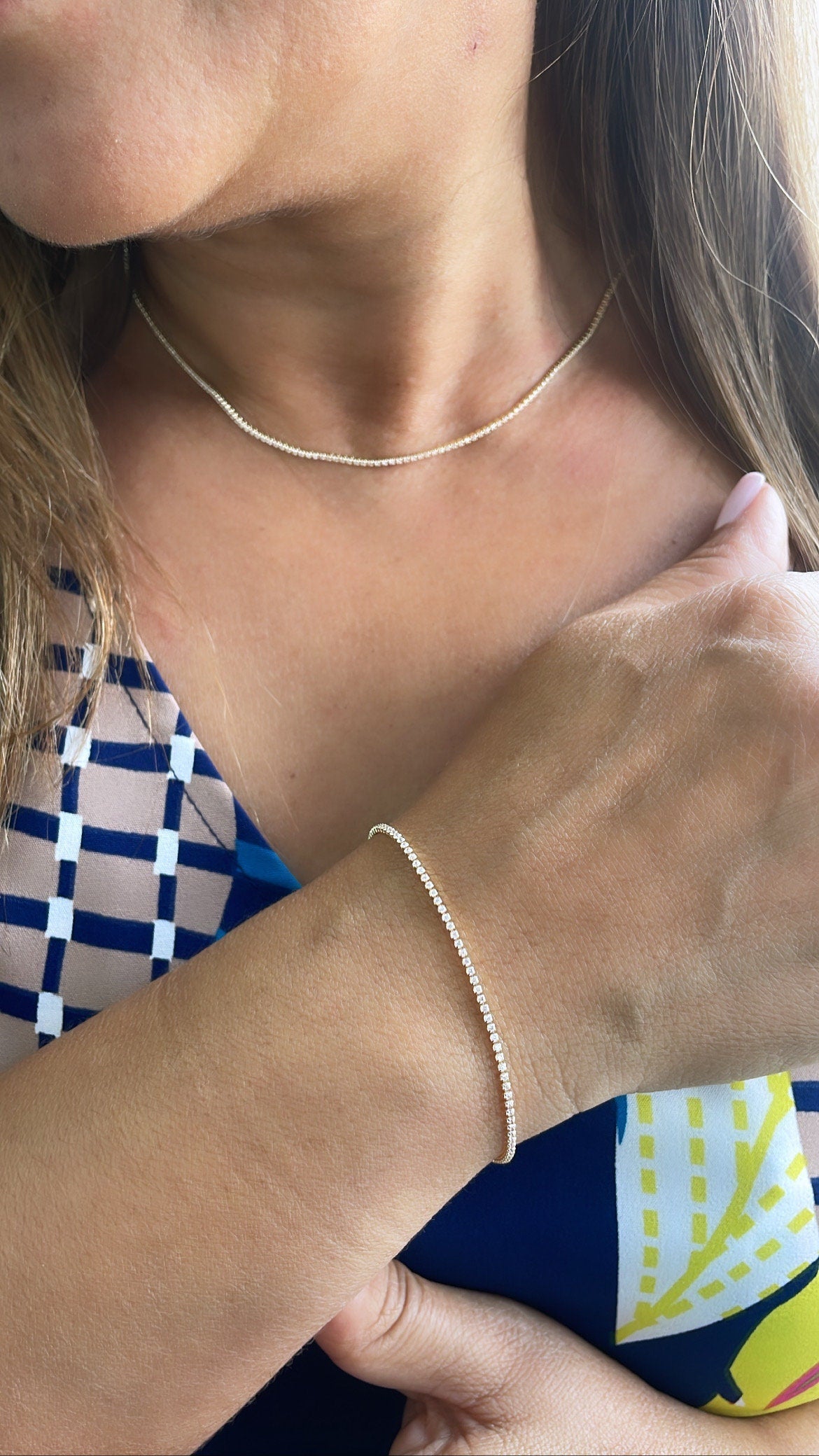 18k Gold Filled Dainty Ultra-Thin Layering Tennis Chain Bracelet & Choker Set