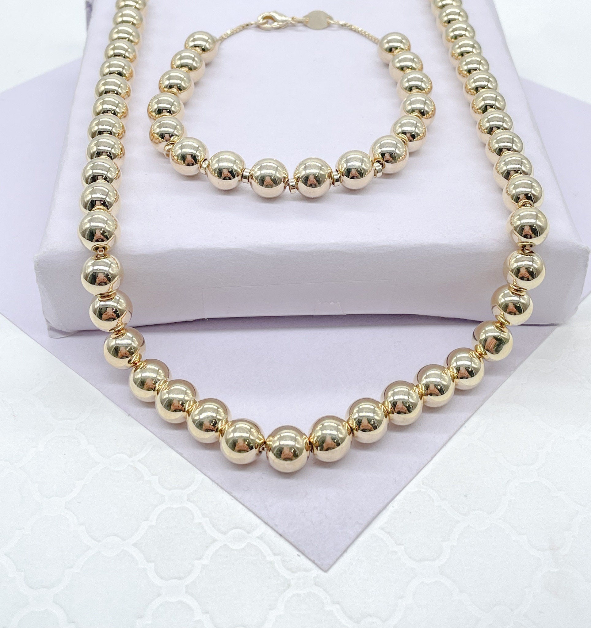 18k Gold Filled 8mm Beaded Women’s Bracelet, Gold Plain Ball Beads Bracelet,