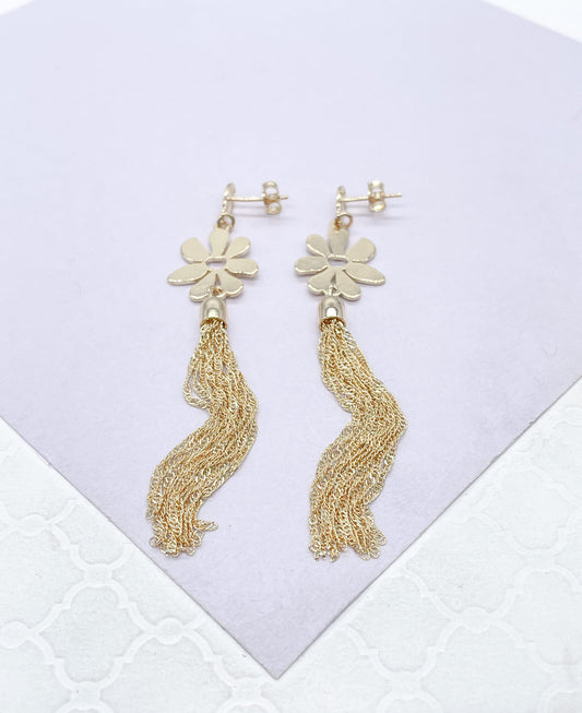 18k Gold Filled Flower Medallion Earring With Singapore Chain Tassles