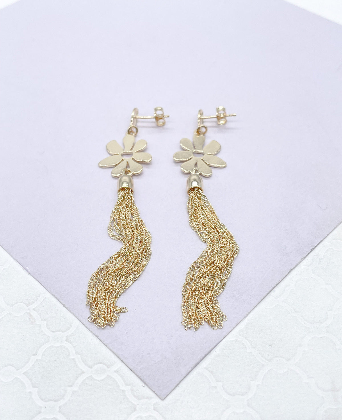 18k Gold Filled Flower Medallion Earring With Singapore Chain Tassles