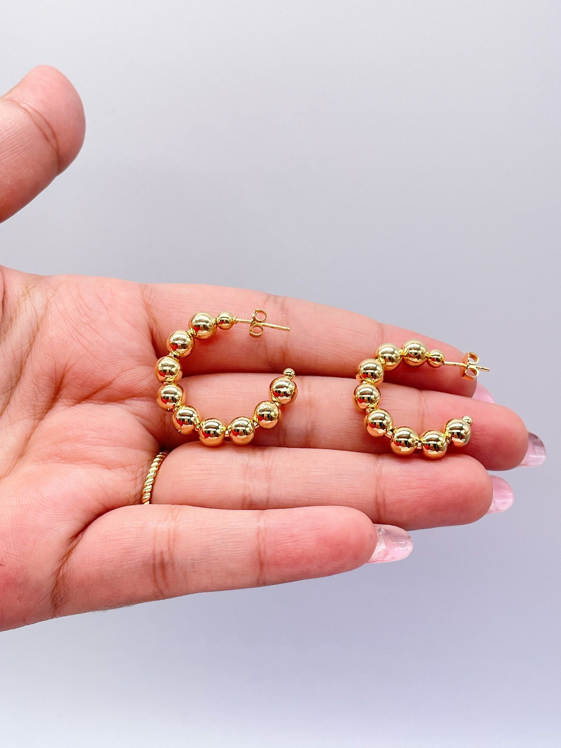 18k Gold Filled Beaded Hoop Earrings: 6mm Ball, Small/Medium