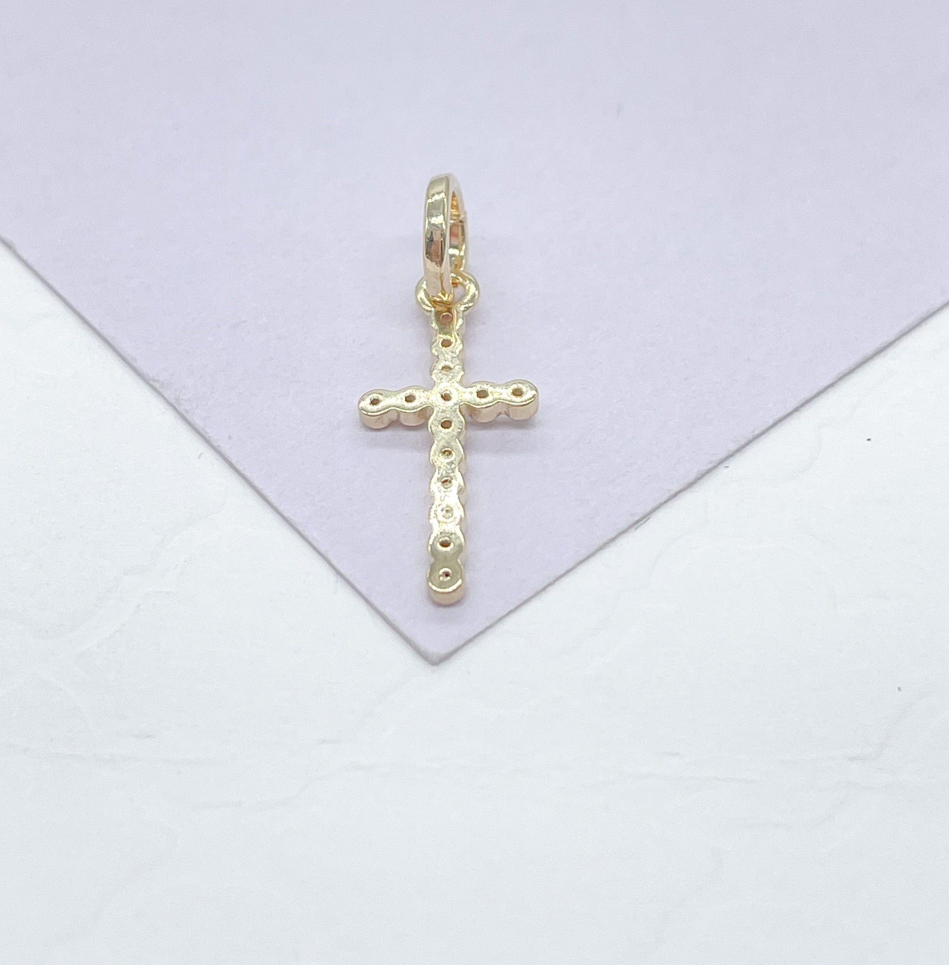 18k Gold Filled Beveled Cross Pendant Charm with Ultra Tiny CZ Stones