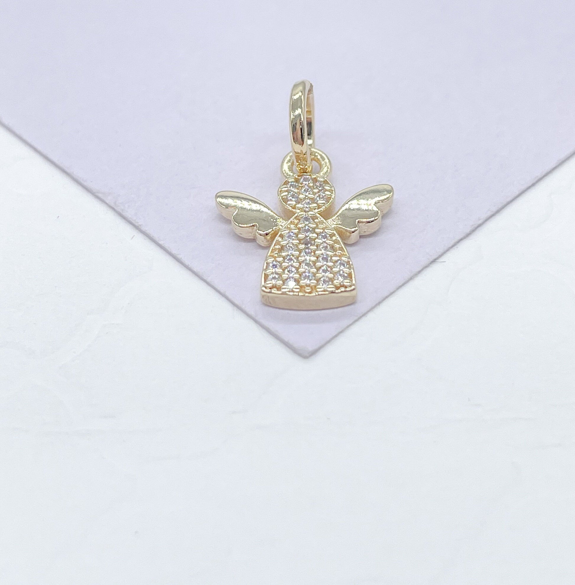 18k Gold Filled Tiny Pave Angel Pendant with Plain Wings, For Her, Religious Wear, Faith Pendant