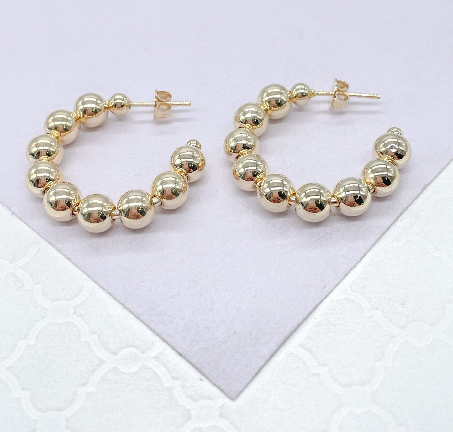 18k Gold Filled Beaded Hoop Earrings: 6mm Ball, Small/Medium