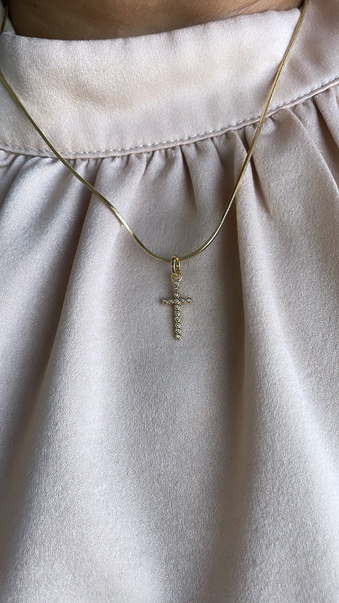 18k Gold Filled Beveled Cross Pendant Charm with Ultra Tiny CZ Stones