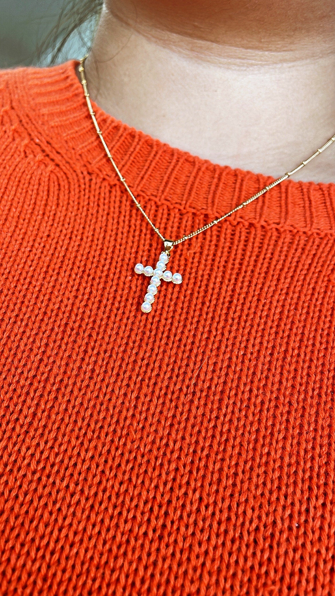 18k Gold Filled Beaded Faux Pearl Cross, Available In 2 Sizes