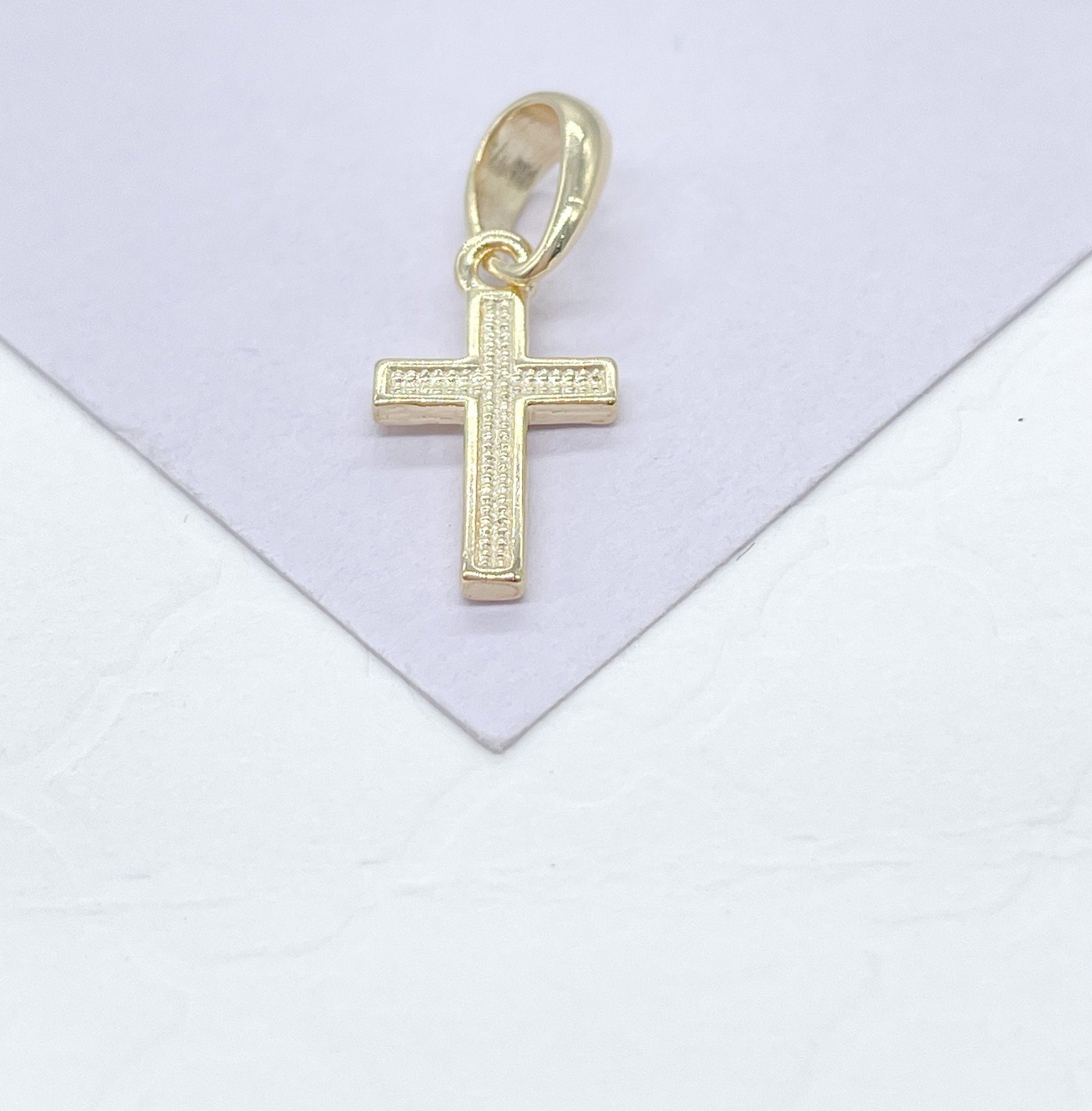 18k Gold Filled Plain Dual Sided Cross with Grain Texture Pattern Pendant