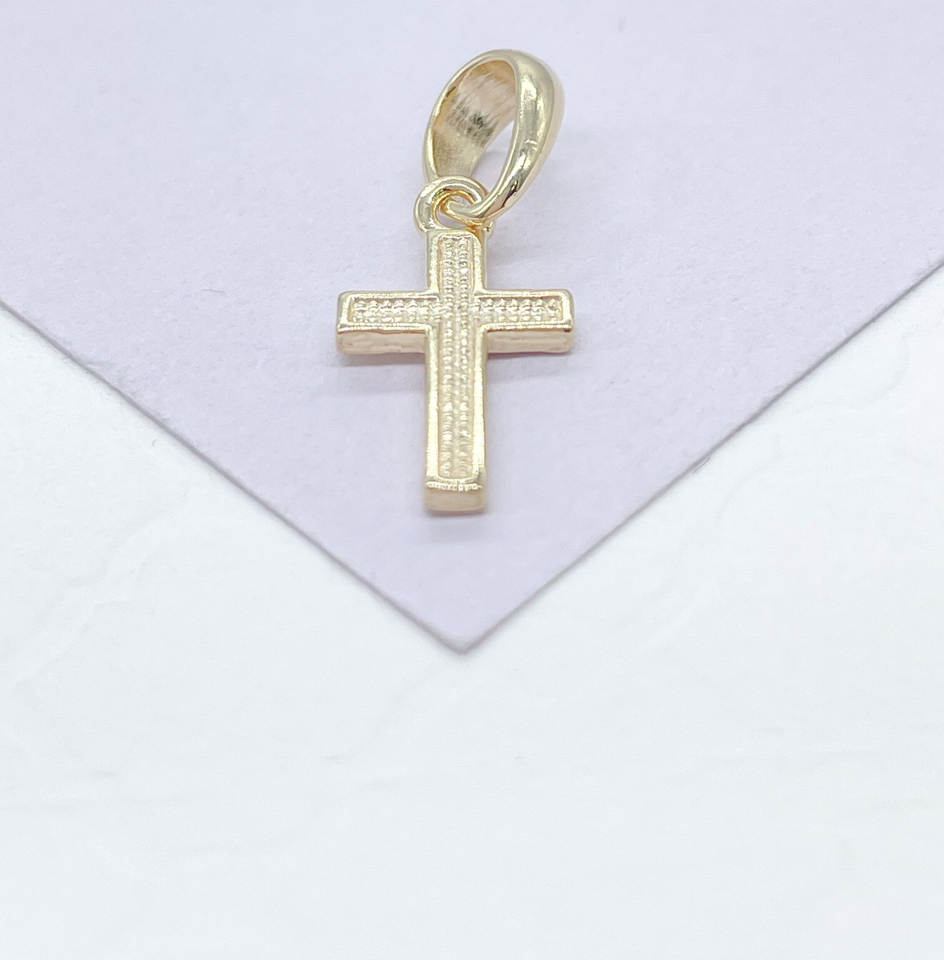 18k Gold Filled Plain Dual Sided Cross with Grain Texture Pattern Pendant