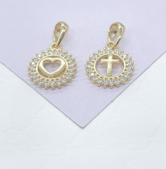 18k Gold Filled See Through Mini Dainty Pendant Cross or Heart Crowned with Beveled Round CZ Stones