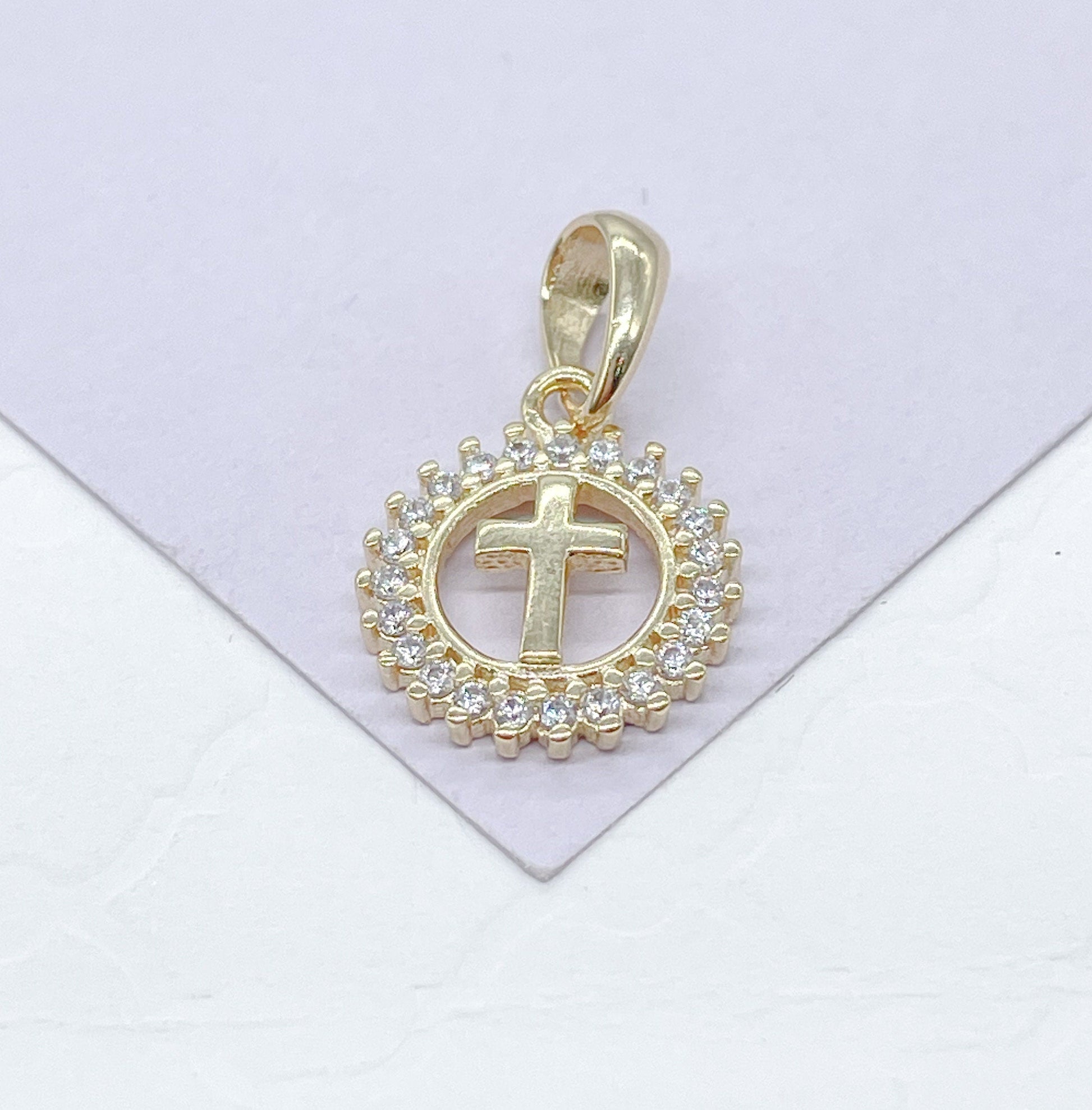 18k Gold Filled CZ Pendant: Dainty Cross or Heart