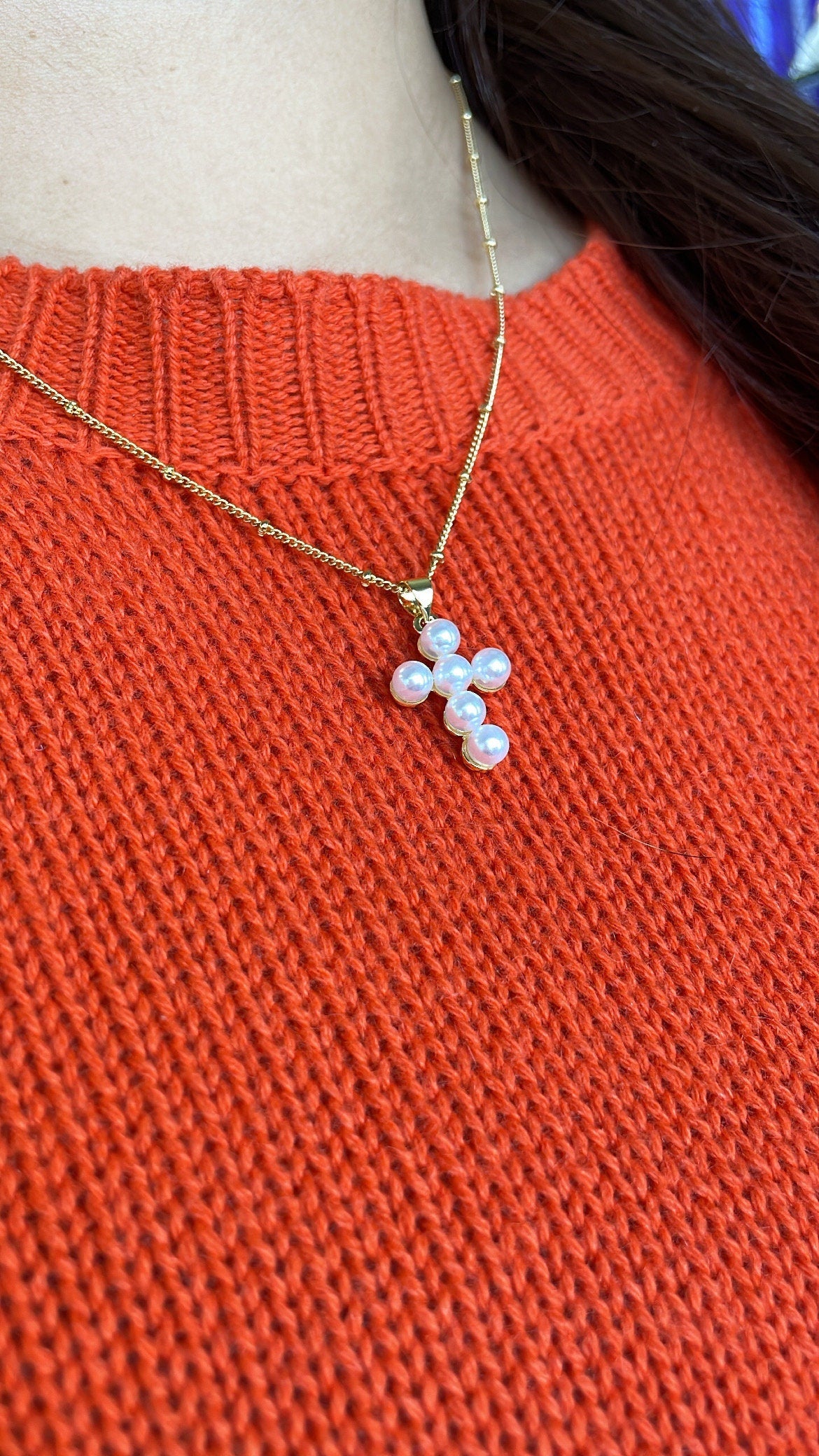 18k Gold Filled Beaded Faux Pearl Cross, Available In 2 Sizes