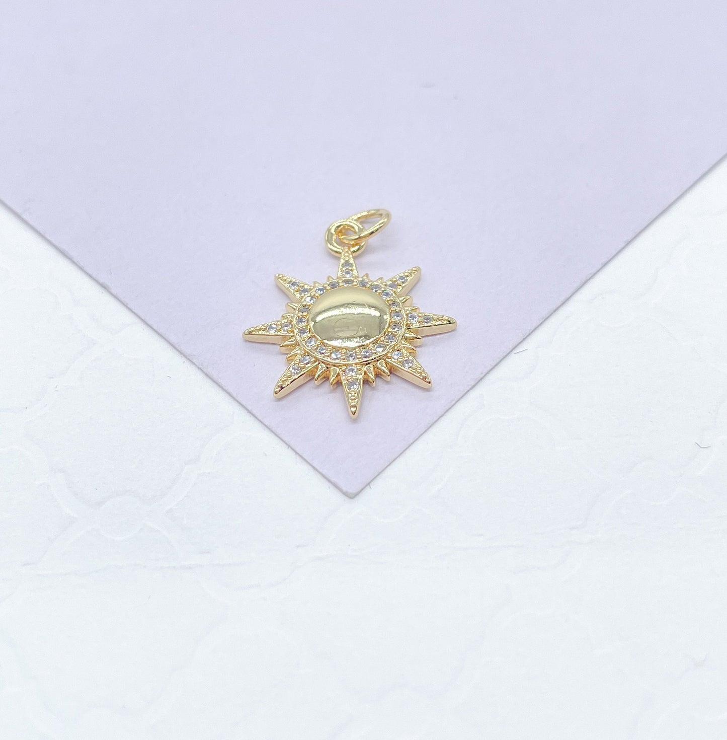 18k Gold Filled Sun Pendant with White Pave Rays