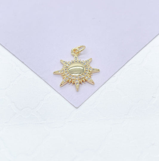 18k Gold Filled Sun Pendant with White Pave Rays