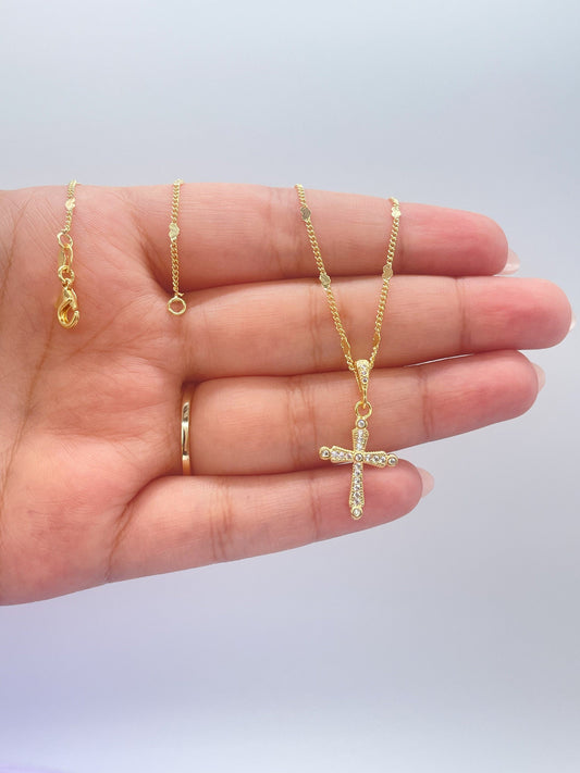 18k Gold Filled CZ Cross Pendant: Dainty Beveled & Pear Cut Stones