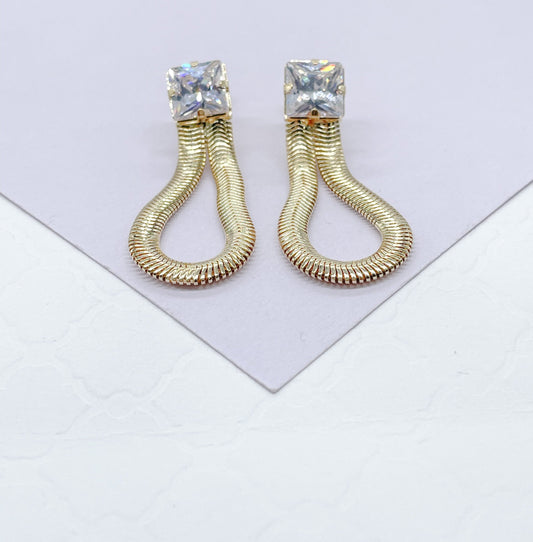 18k Gold Filled 8.5mm Cubic Zirconia Square Stud Earrings With Dangling Smooth Snake Link, Princess Cut Square Studs,