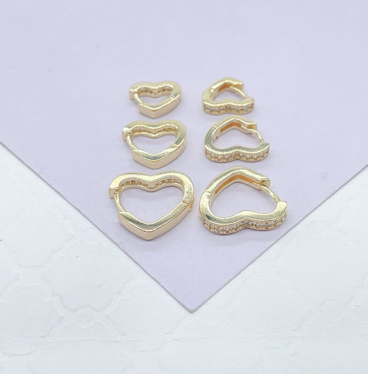 18k Gold Filled Set of 3 Simple Heart Shaped CZ stone Huggie Earrings