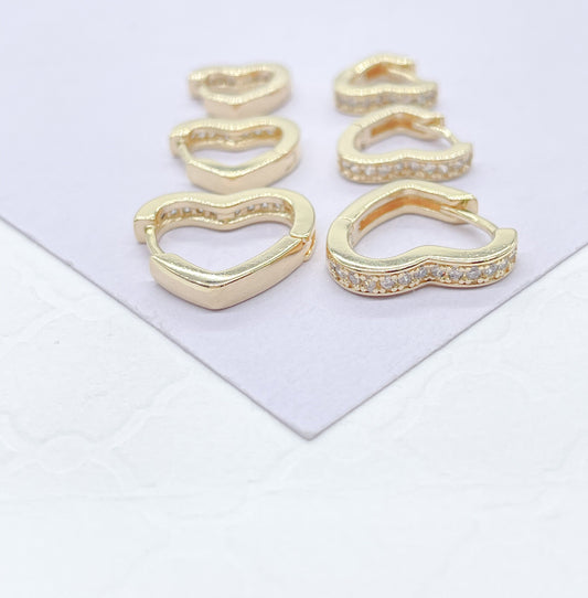 18k Gold Filled Set of 3 Simple Heart Shaped CZ stone Huggie Earrings