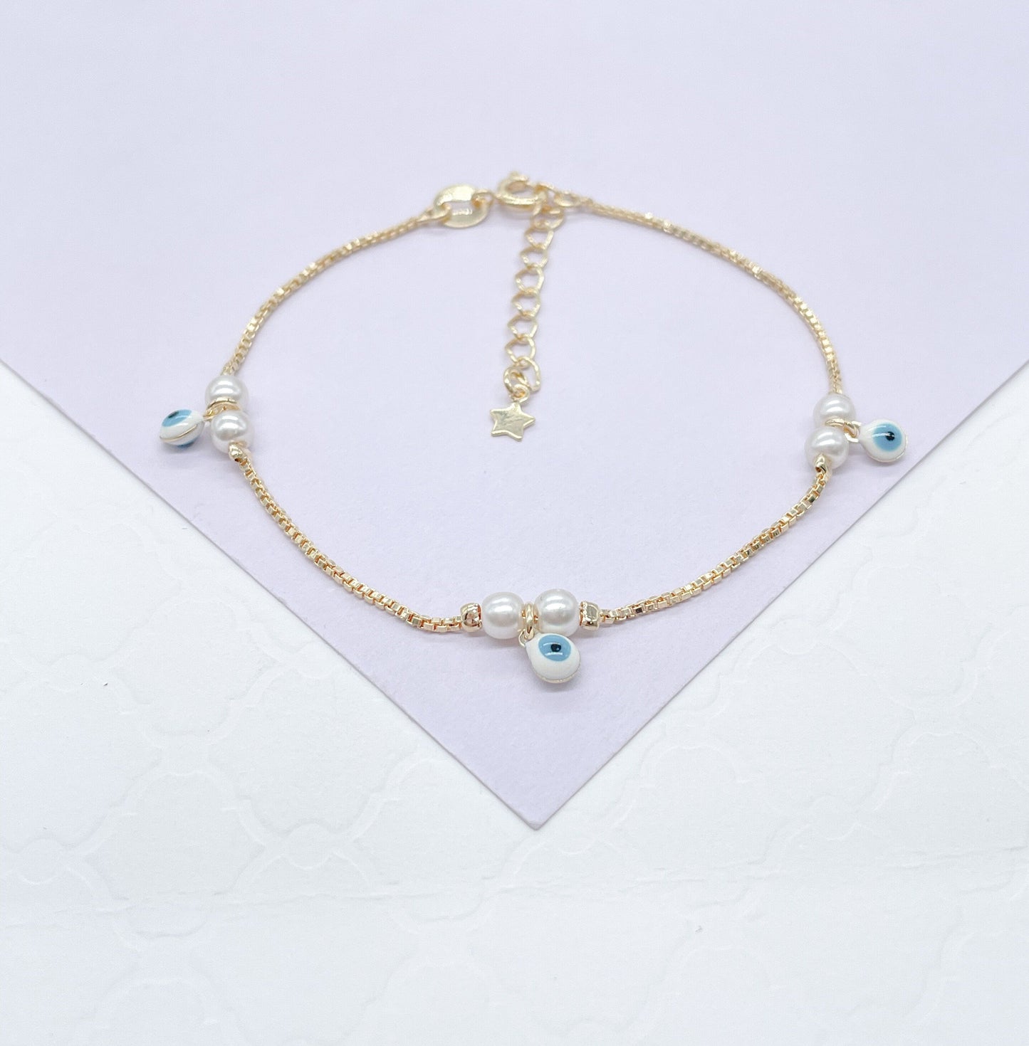 18k Gold Filled Simple Dainty Pearl Bracelet With Dangling Blue Evil Eye Charms