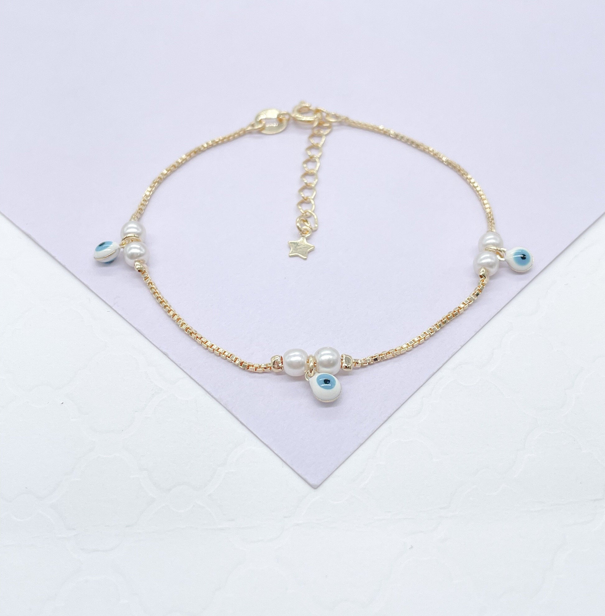 18k Gold Filled Simple Dainty Pearl Bracelet With Dangling Blue Evil Eye Charms