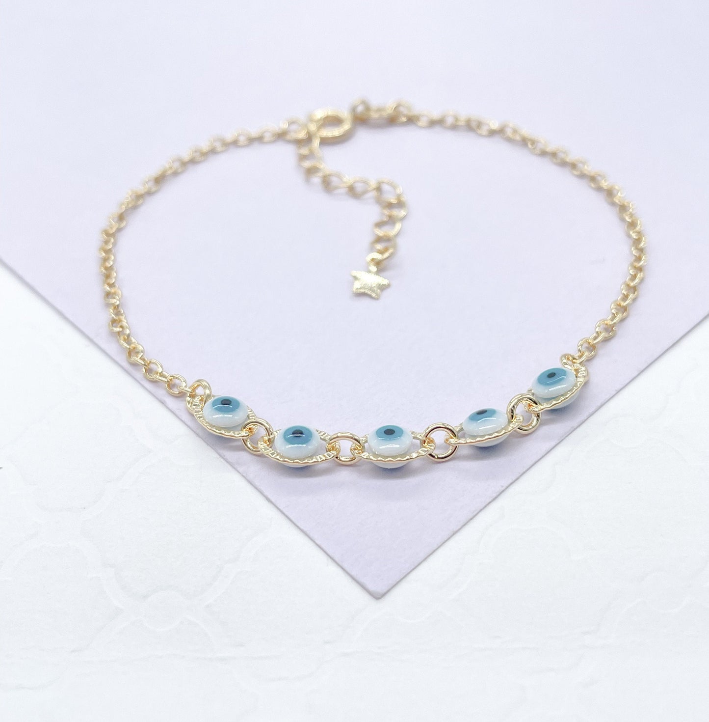 18k Gold Filled Simple Dainty Curb Link Evil Eye Bracelet