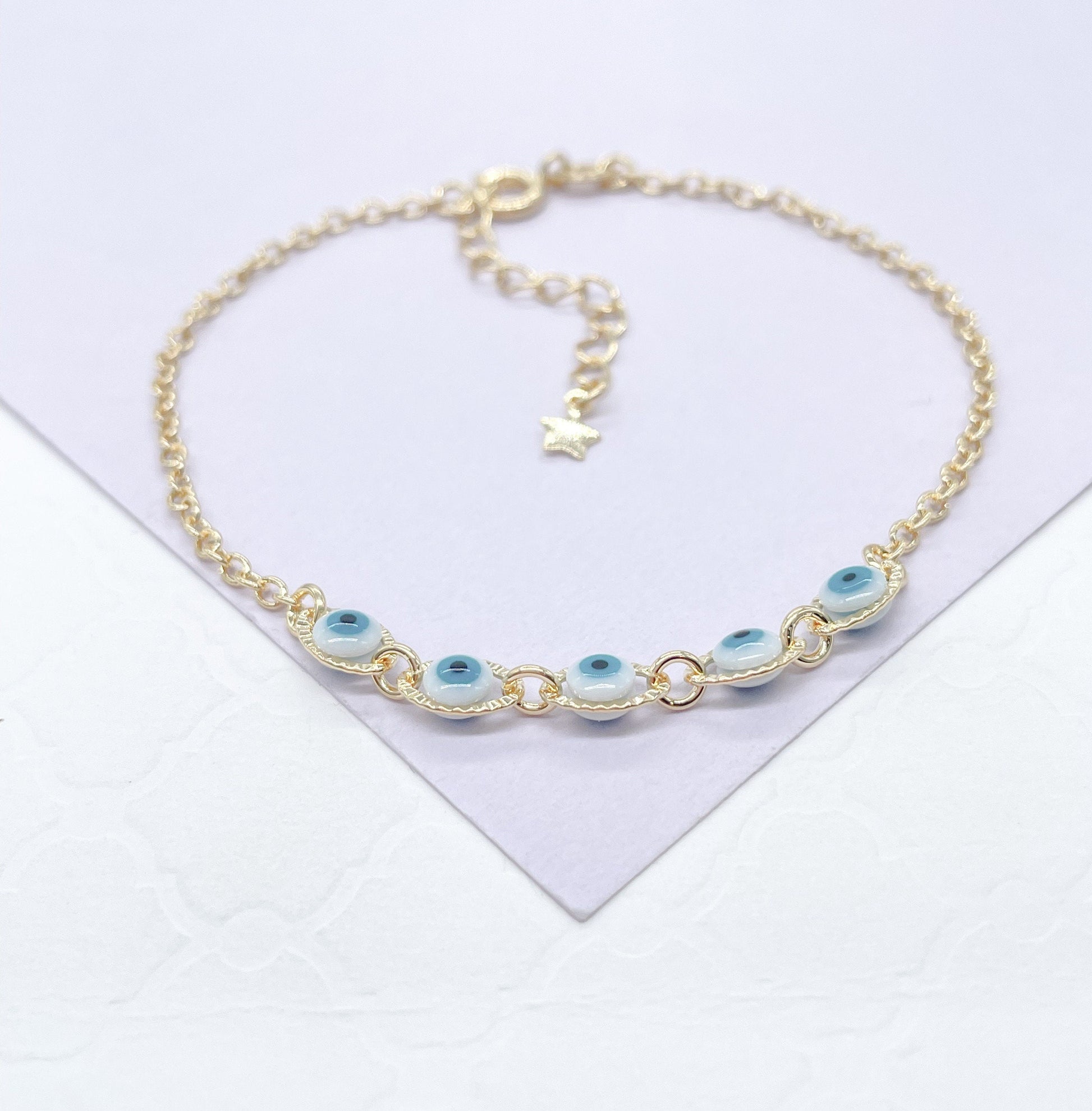 18k Gold Filled Simple Dainty Curb Link Evil Eye Bracelet