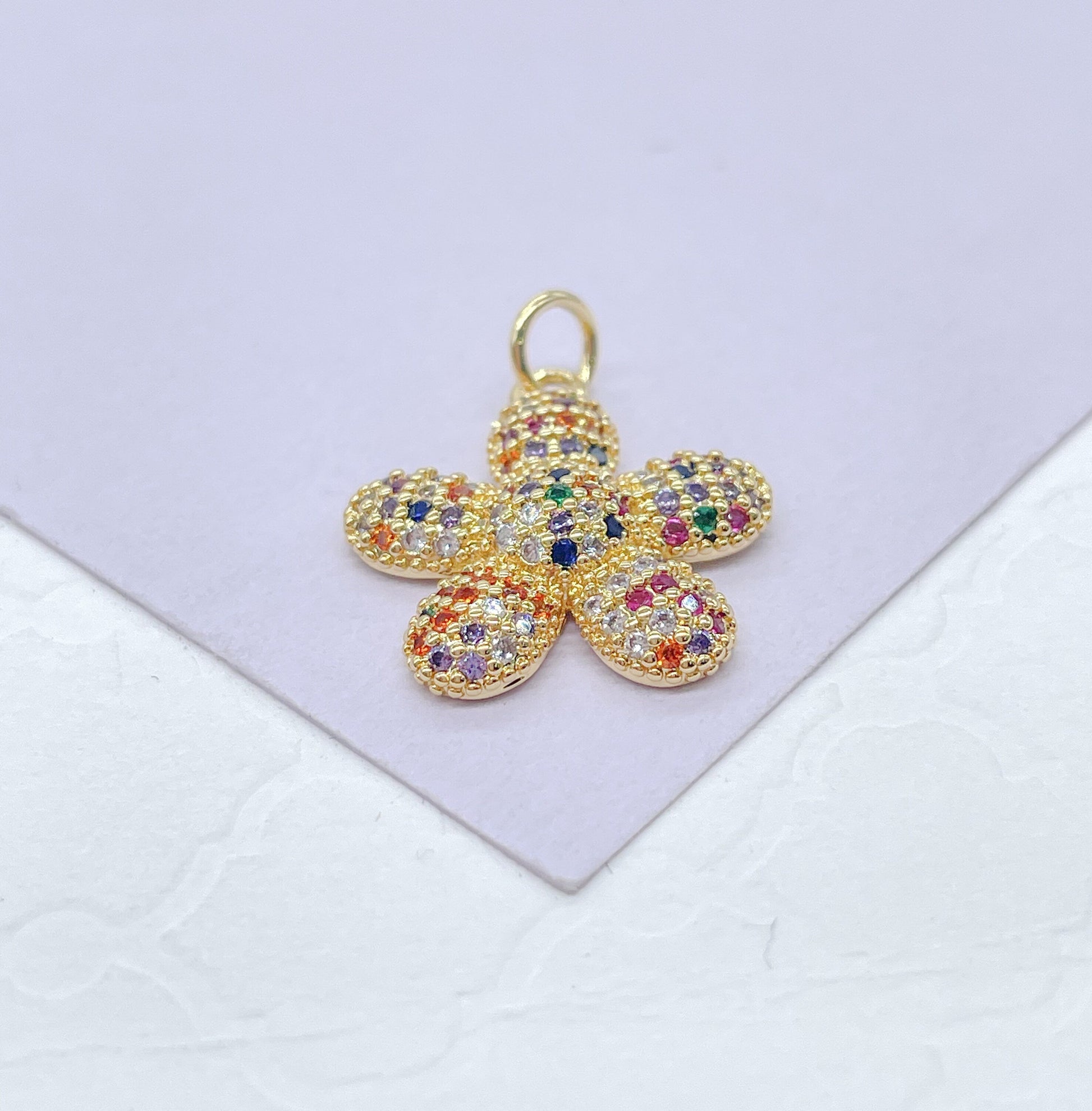 18k Gold Filled Tiny Chubby Colorful Pave Flower Charm For Jewlery Making