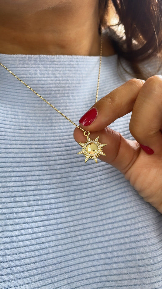 18k Gold Filled Sun Pendant with White Pave Rays