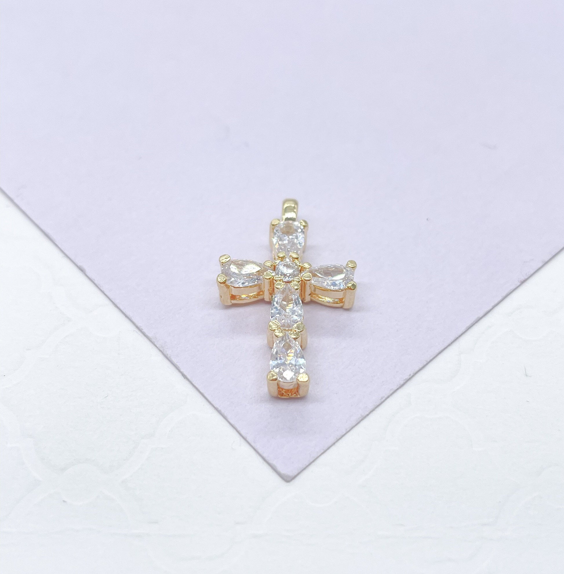 18k Gold Filled Dainty 3 Style CZ Cross, Beveled Stones, Pear Cut Stones & cz Pave Style Cross