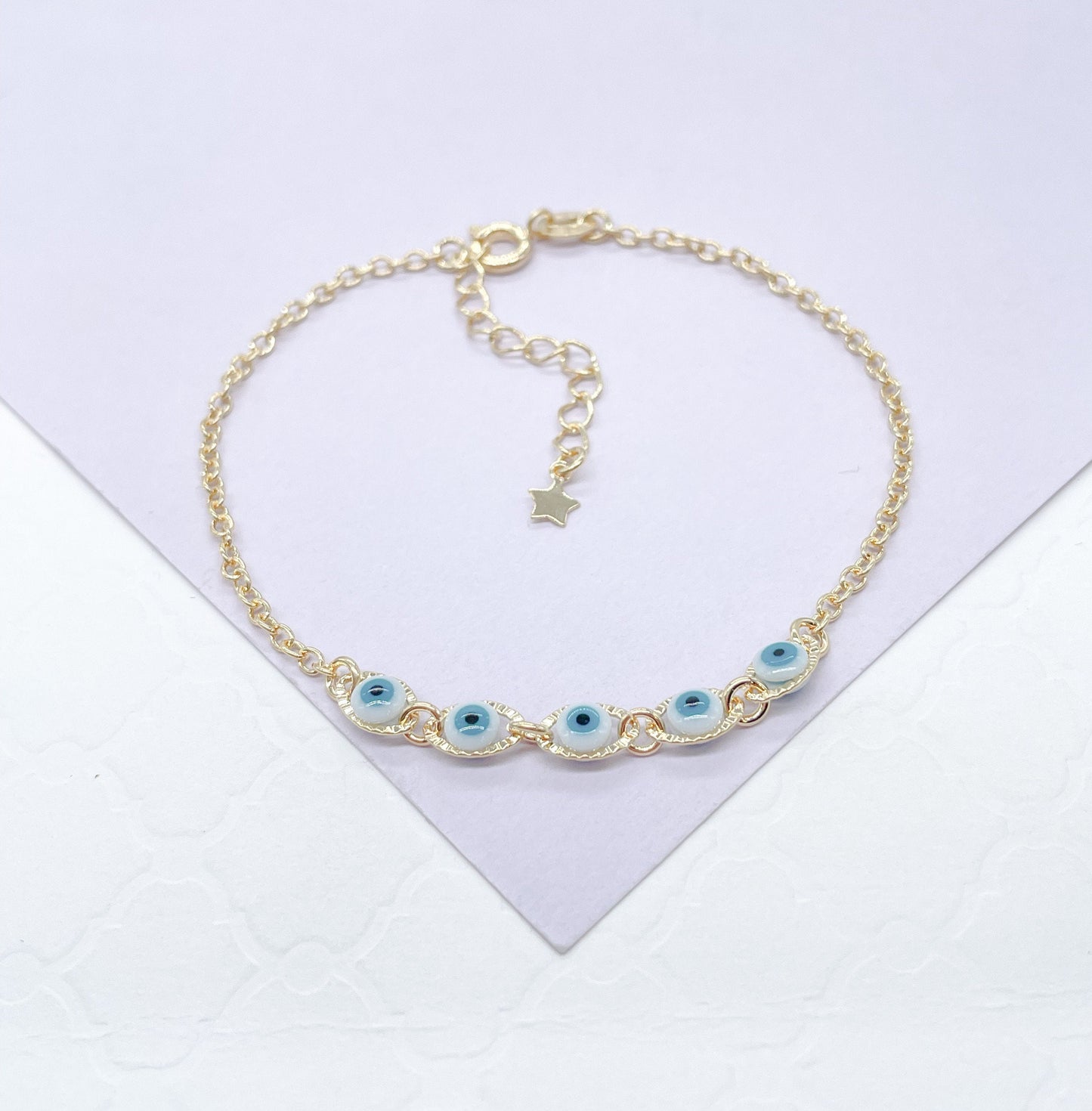 18k Gold Filled Simple Dainty Curb Link Evil Eye Bracelet