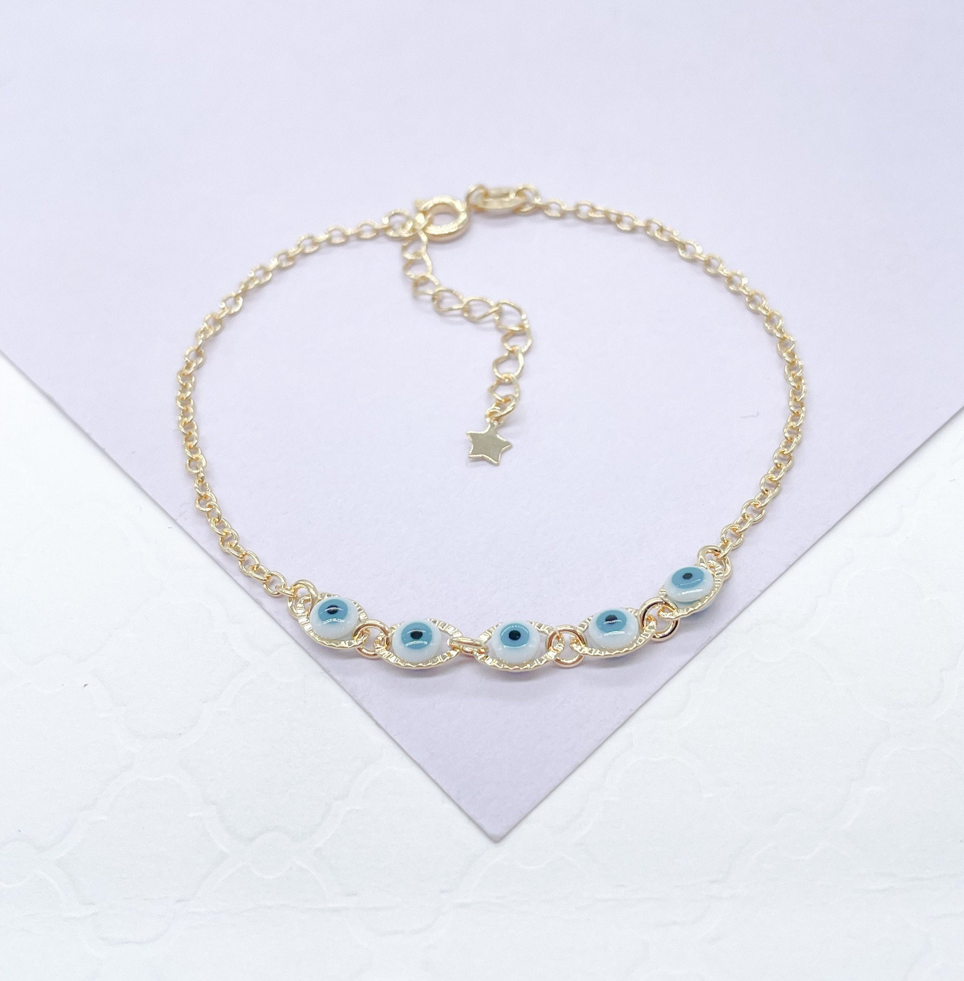 18k Gold Filled Simple Dainty Curb Link Evil Eye Bracelet