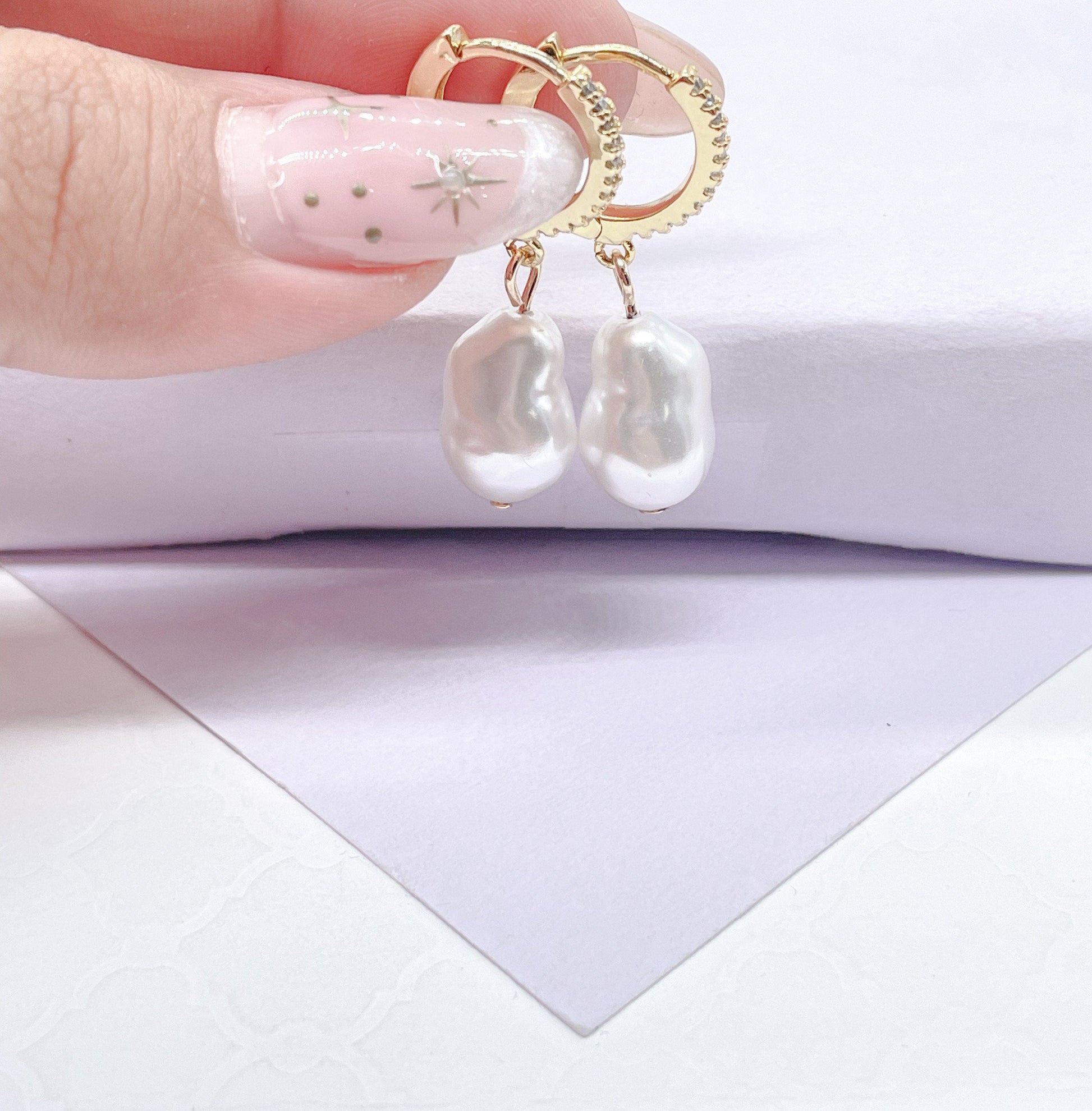 18k Gold Filled Dangling Baroque Pearl With Pave Hoop Earring