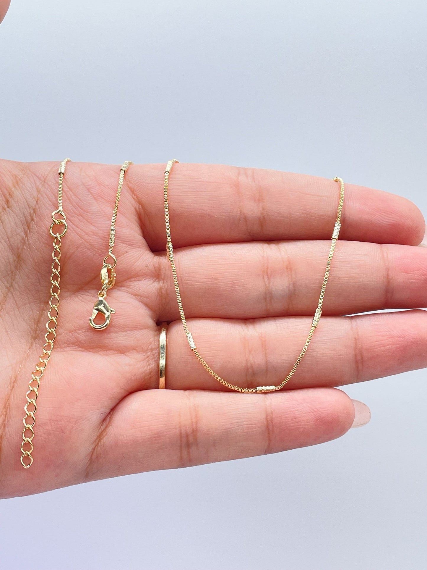 18k Gold Filled 16 Inch 1mm Dainty Interspersed Solid Grainy Bar Dash Box Chain Necklace Supplies Designers