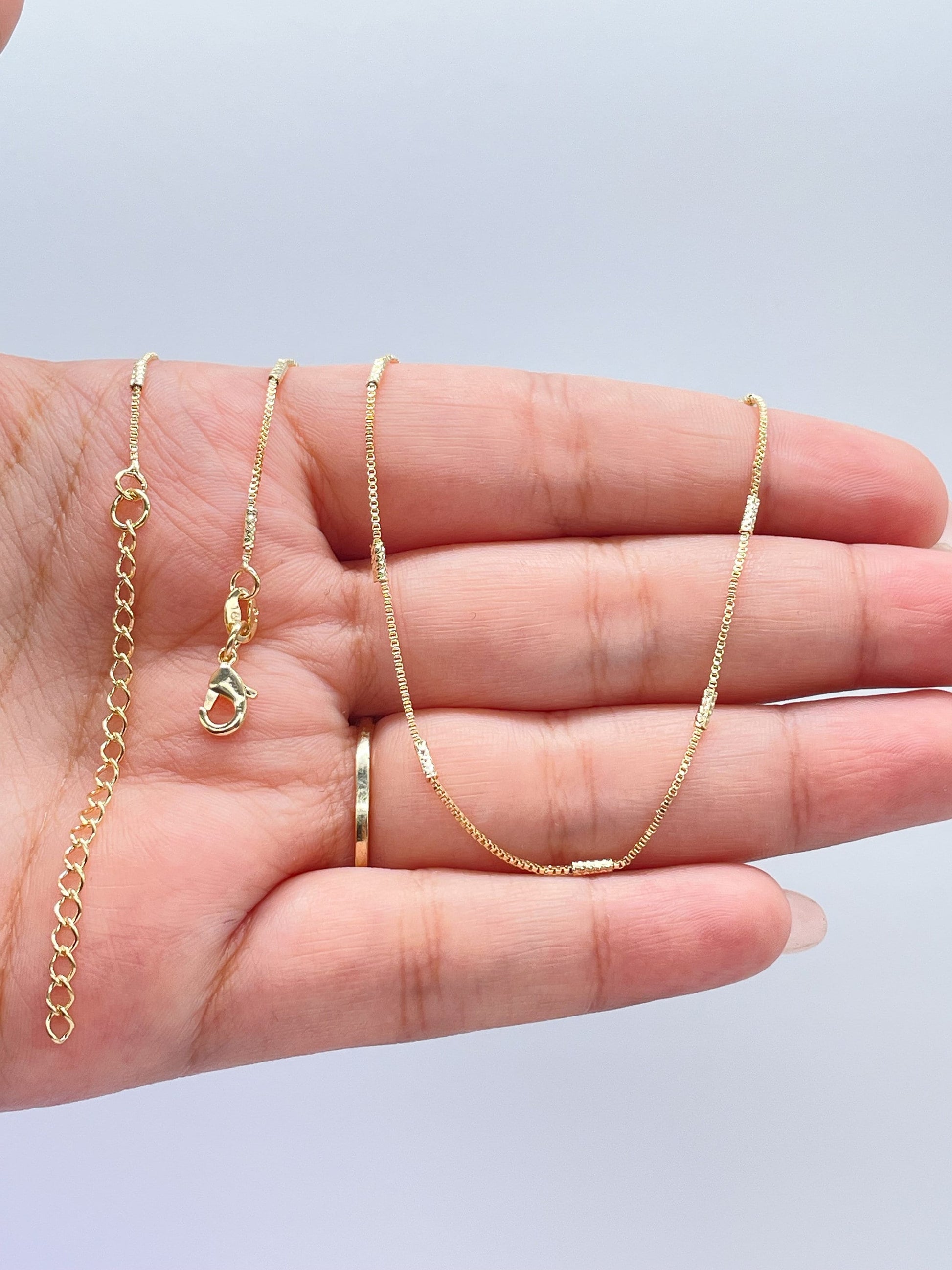 18k Gold Filled 16 Inch 1mm Dainty Interspersed Solid Grainy Bar Dash Box Chain Necklace Supplies Designers