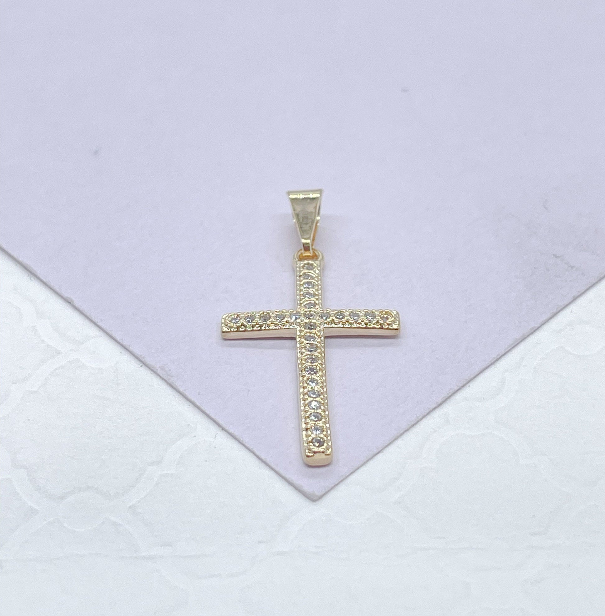18k Gold Filled 2 Inch Tall Dainty Cross With Micro CZ