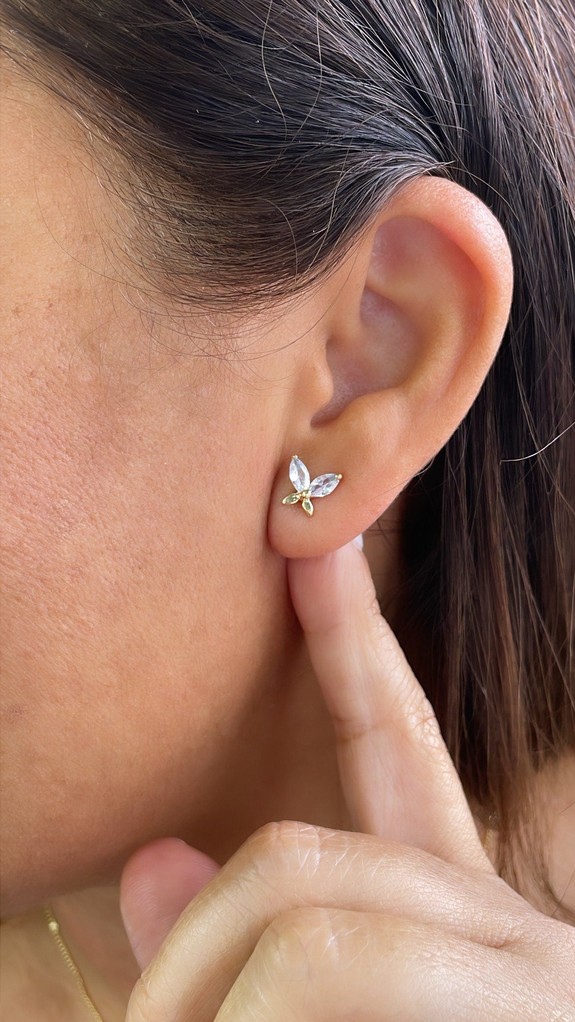 18k Gold Filled Butterfly Stud Earrings with Marquise Cut Stone