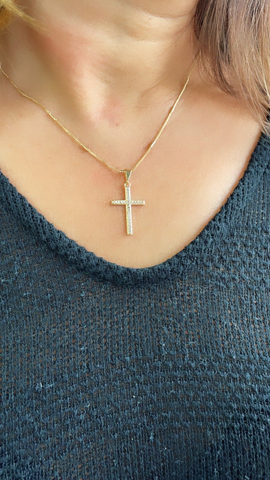 18k Gold Filled 2 Inch Tall Dainty Cross With Micro CZ