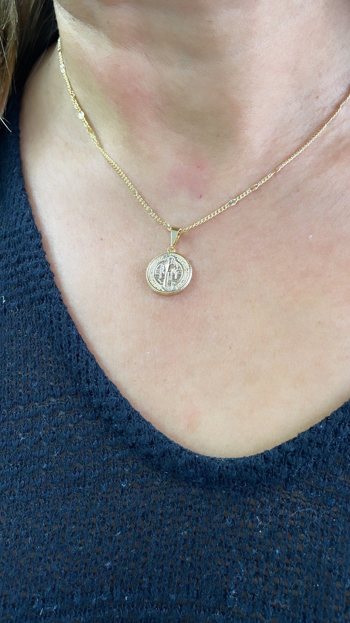 18k Gold Filled St Benedict Pendant: Engraved Catholic Charm