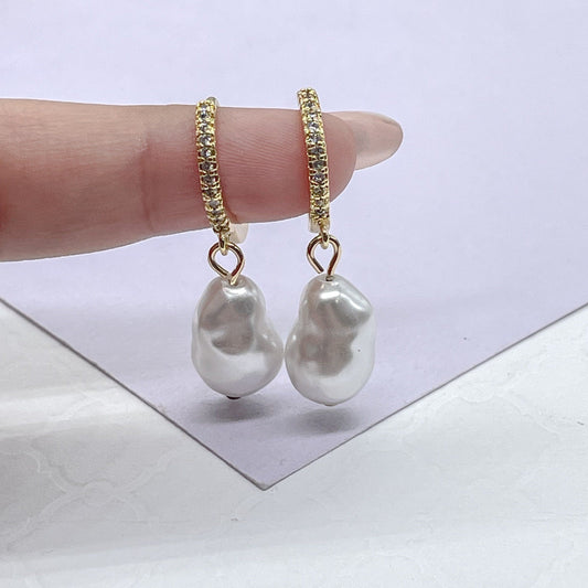 18k Gold Filled Dangling Baroque Pearl With Pave Hoop Earring