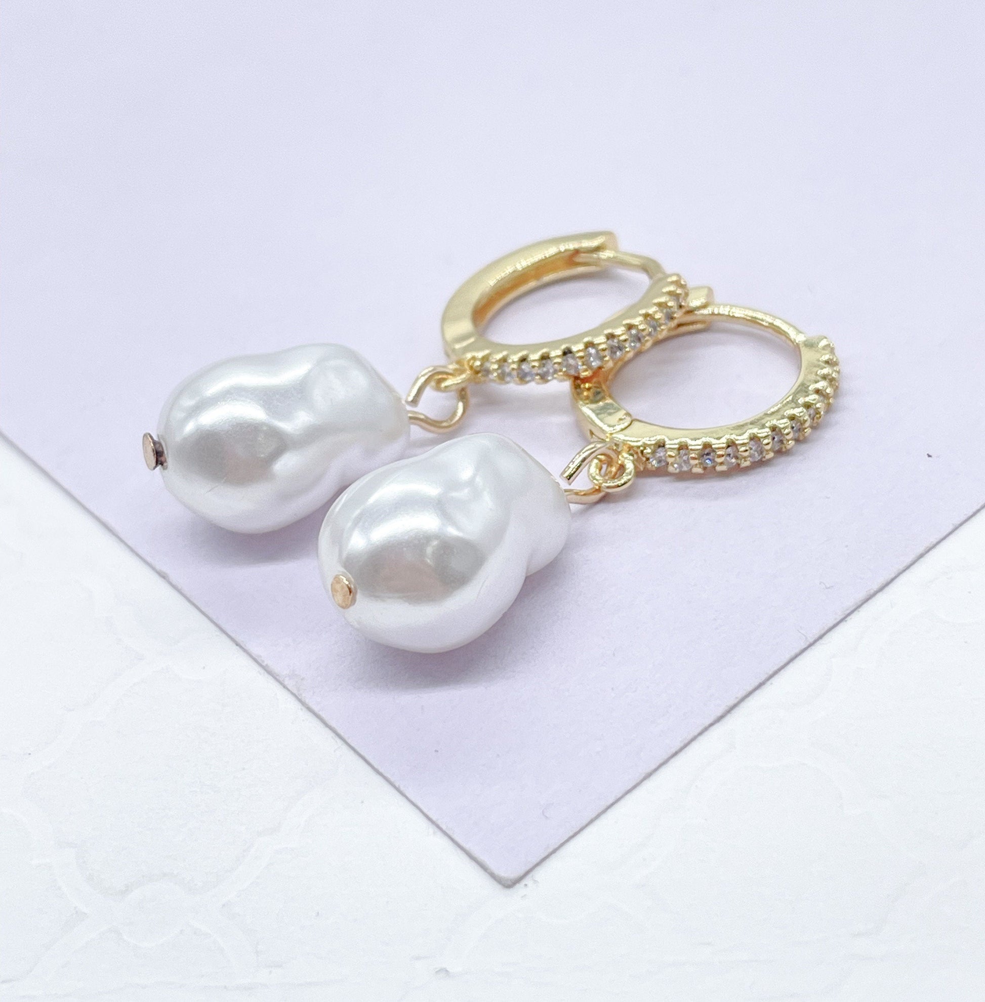18k Gold Filled Dangling Baroque Pearl With Pave Hoop Earring