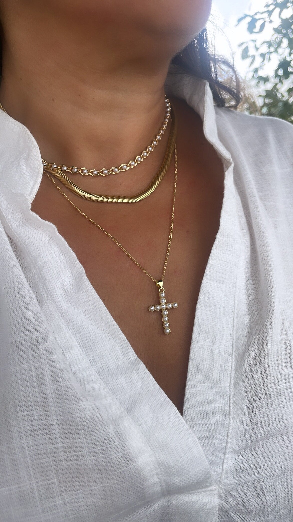 18k Gold Filled Beaded Faux Pearl Cross, Available In 2 Sizes