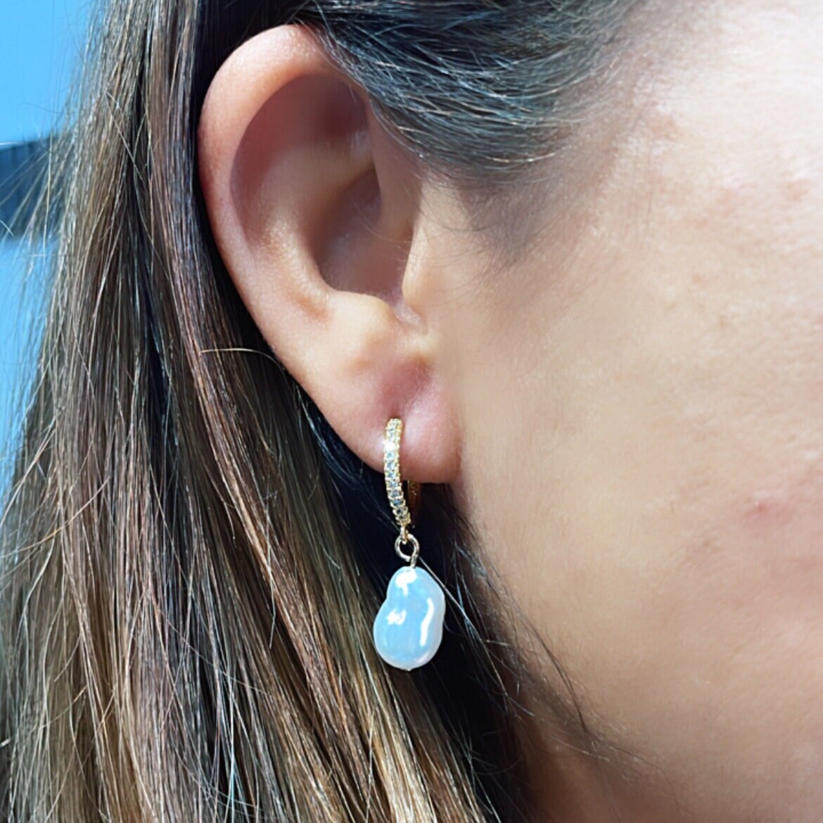 18k Gold Filled Dangling Baroque Pearl With Pave Hoop Earring