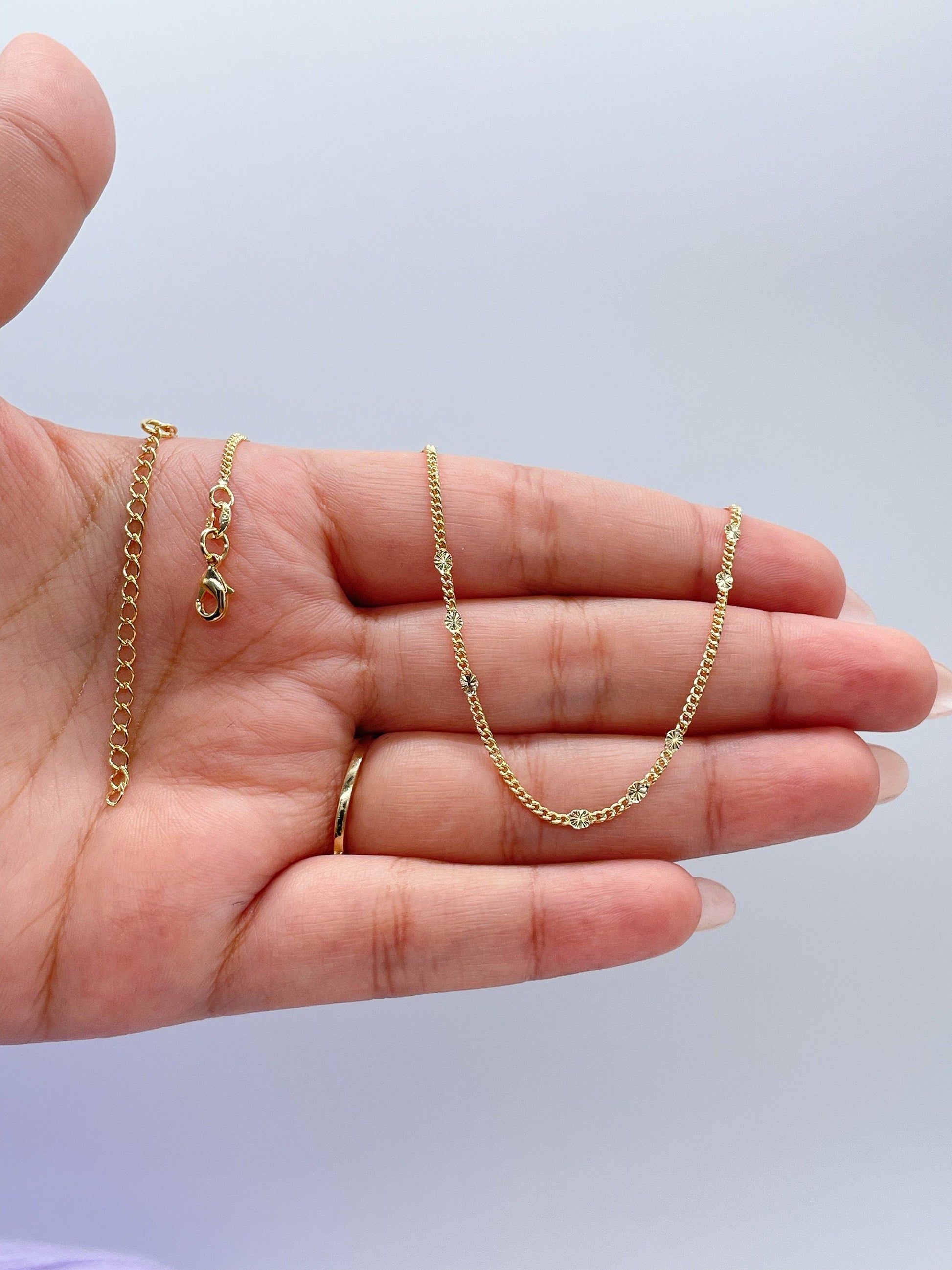 18k Gold Filled 16 Inch 3 in 1 Patterned Flat Sequin SunBurst Satellite Chain Necklace For Wholesale, Dainty Jewlery, Layering Necklace,