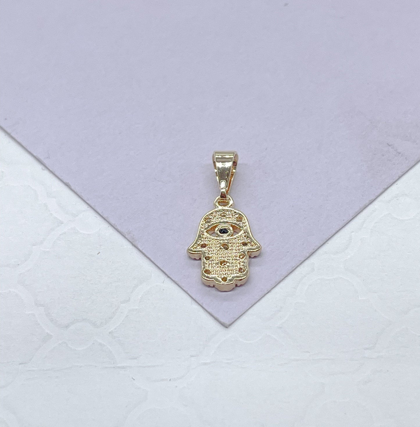 18k Gold Filled Mini Hamsa Pendant: Royal Blue Evil Eye, CZ Stones