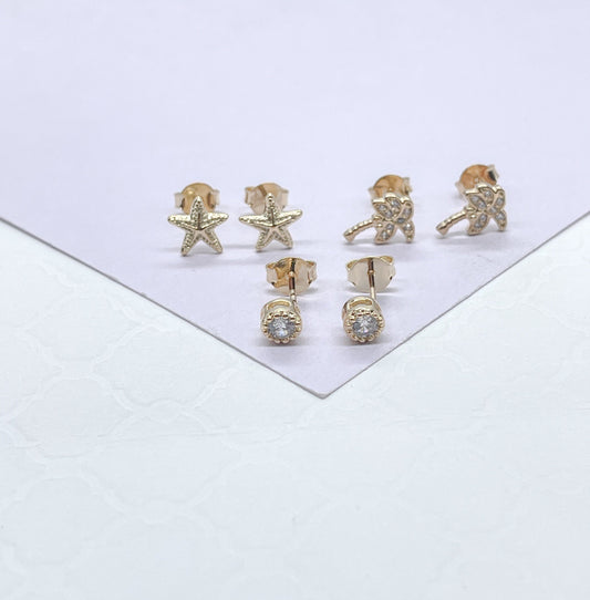 18k Gold Filled Stud Earrings Set: Beach Starfish, Palm, Stone