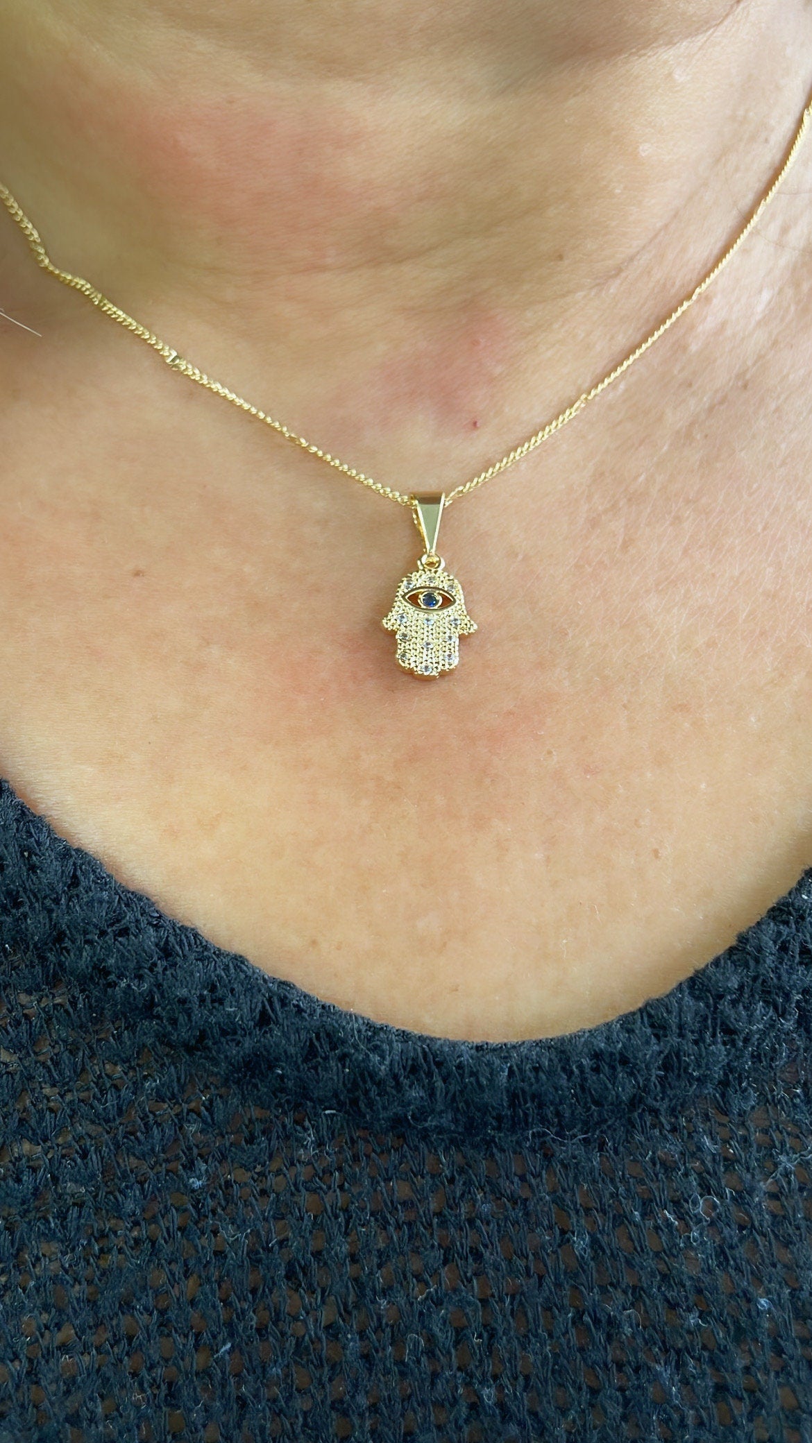 18k Gold Filled Mini Hamsa Pendant: Royal Blue Evil Eye, CZ Stones