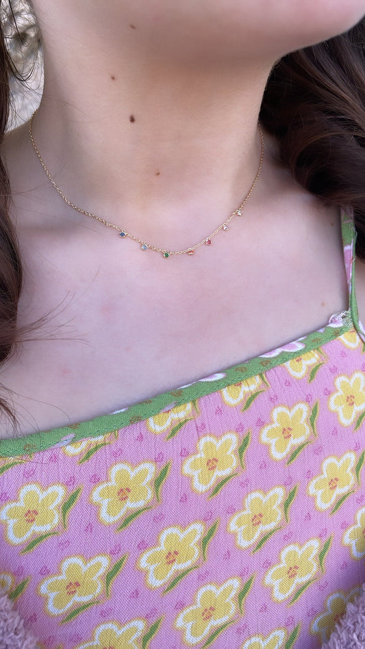 18k Gold Filled Dainty Cable Link Choker With Soldered Colorful Stone Charms Choker