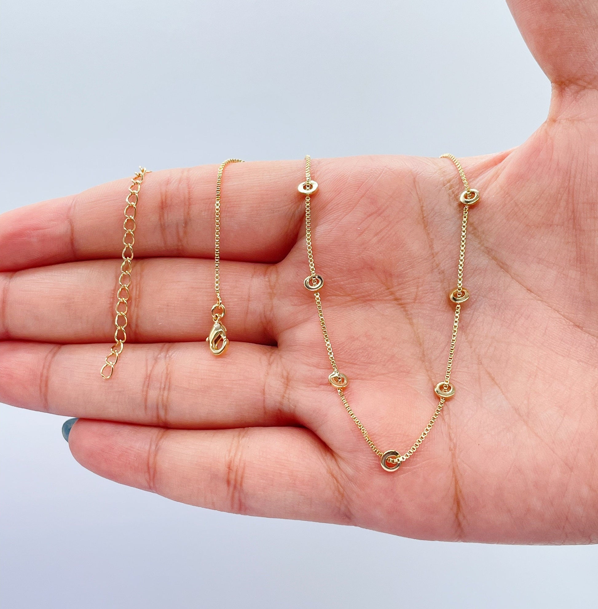 18k Gold Filled Dainty Plain Box Chain Choker With Soldered Disk Charms
