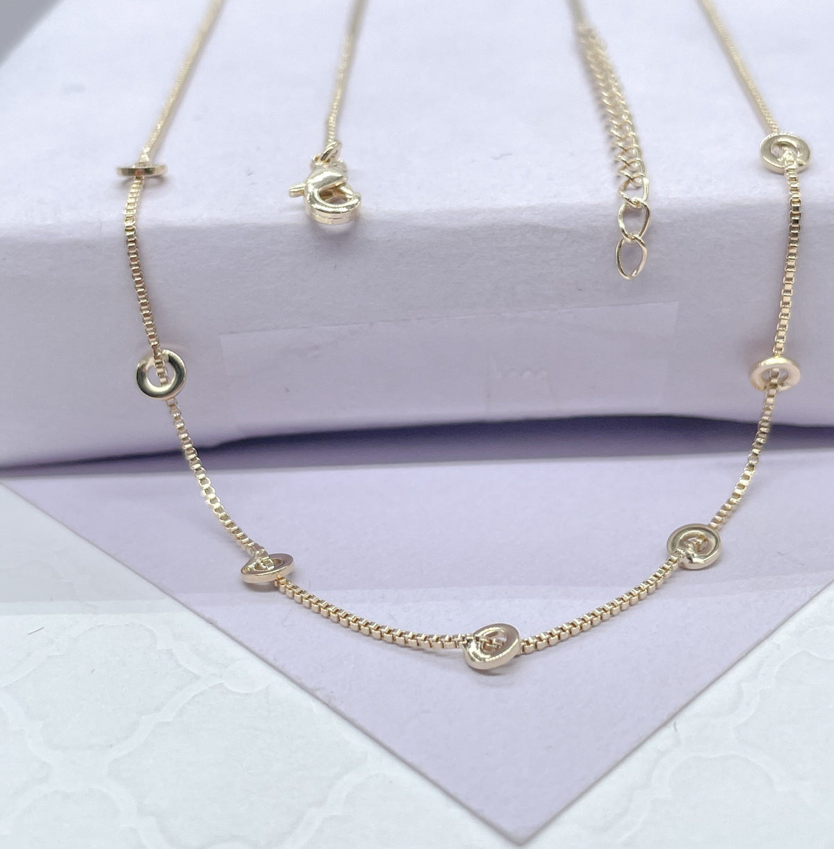 18k Gold Filled Dainty Plain Box Chain Choker With Soldered Disk Charms